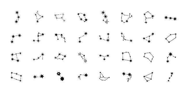 Constellations hand-drawn set with black stars and connecting lines featuring astronomy, celestial, night sky with star patterns and zodiac elements