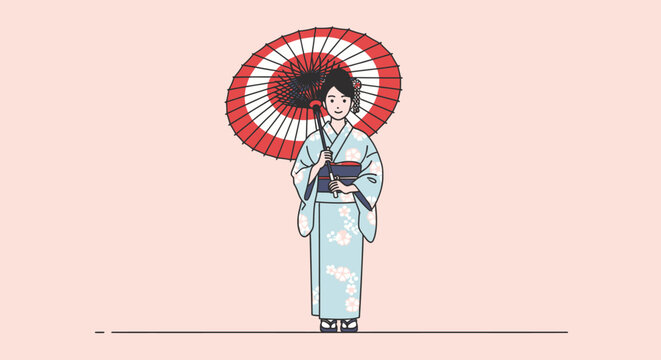 Japanese woman wearing kimono with traditional umbrella