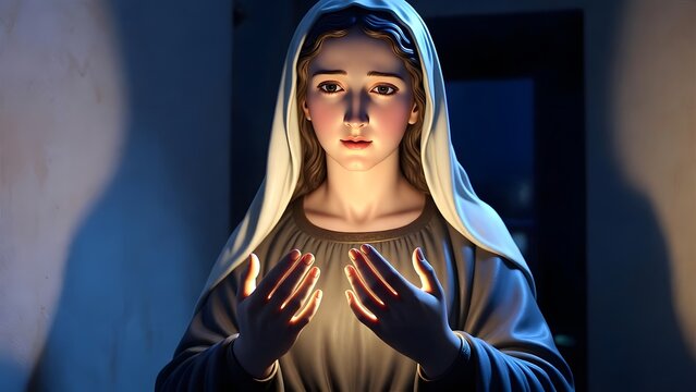 The Virgin Mary responding to the angel&rsquo;s hopeful message as the main subject, Mary holding both palms open inside a peaceful nighttime home, expressing consent, humility, and trust without grand gest
