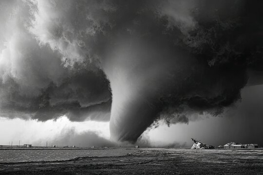 A towering funnel cloud descends from storm clouds, threatening a rural landscape