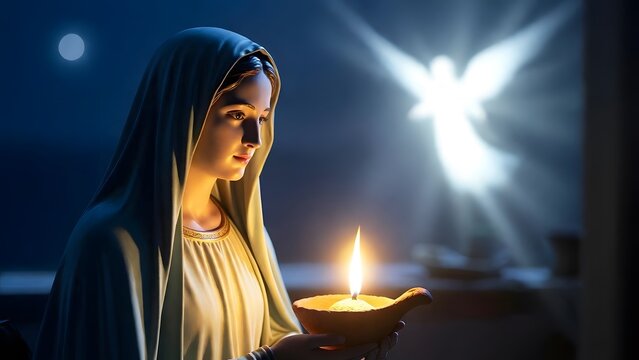 The Virgin Mary receiving an angelic message of hope as the main subject, Mary holding a small clay lamp inside a peaceful nighttime home, presenting faith as a quiet flame kept alive before a sacred 