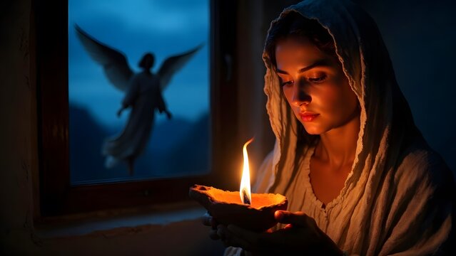 The Virgin Mary receiving an angelic message of hope as the main subject, Mary holding a small clay lamp inside a peaceful nighttime home, presenting faith as a quiet flame kept alive before a sacred 