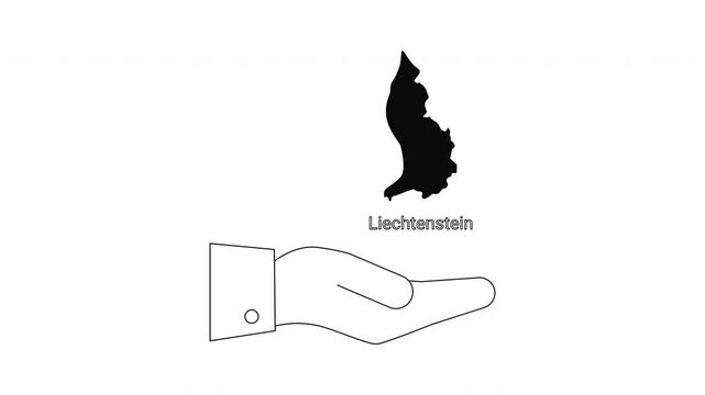 Liechtenstein map outline above open hand and handshake symbol.