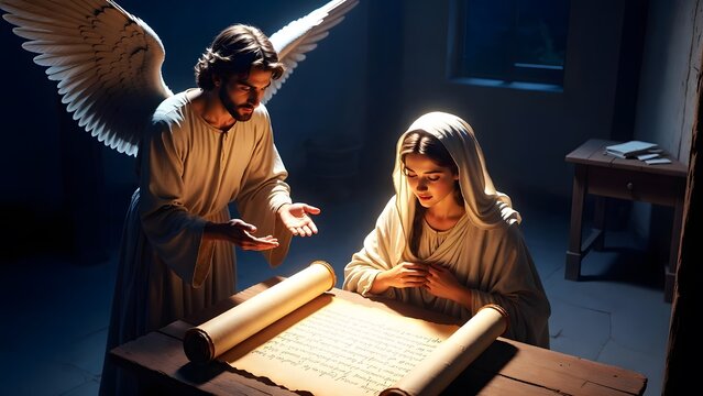 The Virgin Mary receiving a hopeful message from an angel as the main subject, Mary near an opened teaching scroll inside a peaceful nighttime home, suggesting that ancient promise is becoming persona
