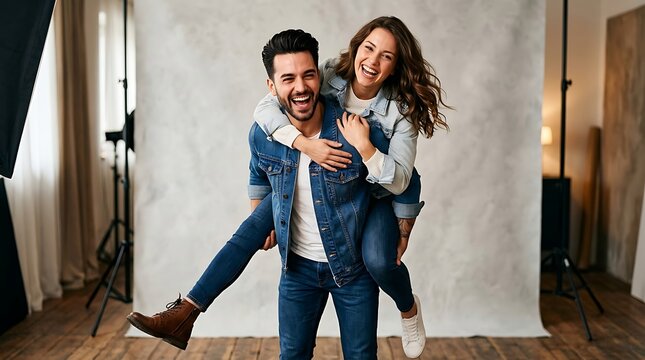Happy young couple having fun and laughing while piggybacking in studio