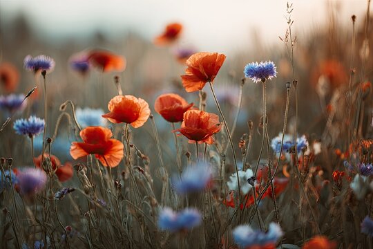Close-up of field with bright red poppies and blue cornflowers, sunlit and blurred background