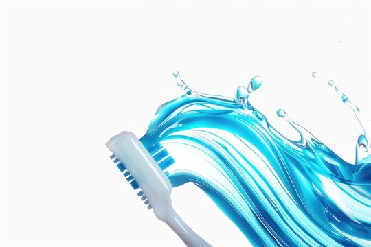 A toothbrush with blue liquid splashing from its bristles, creating a dynamic and refreshing visual against a clean background, suggesting hygiene and cleanliness.