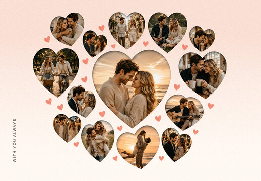 Love Heart Photo Collage Template, Romantic Memory Poster, Valentine Wedding Anniversary Layout