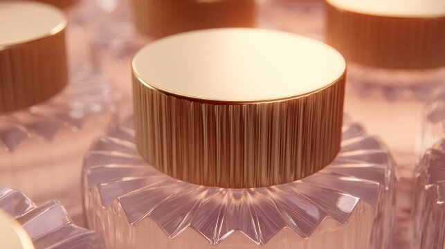 Numerous luxury cosmetic containers display polished metallic lids and detailed glass bases under soft lighting.
