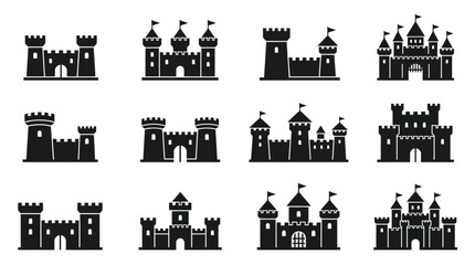 Naklejka premium Collection of black silhouette castle icons representing medieval architecture for various creative digital design project needs