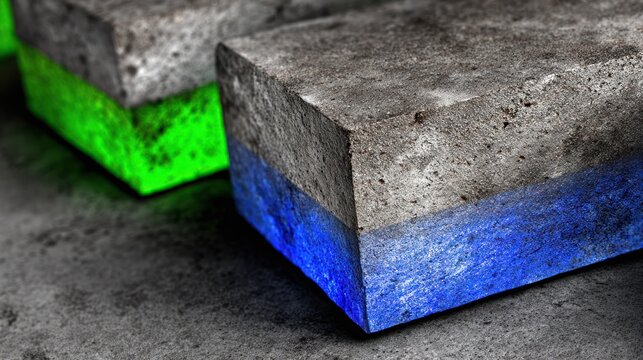 Blocks of gray material display bright neon colors on their lower sections