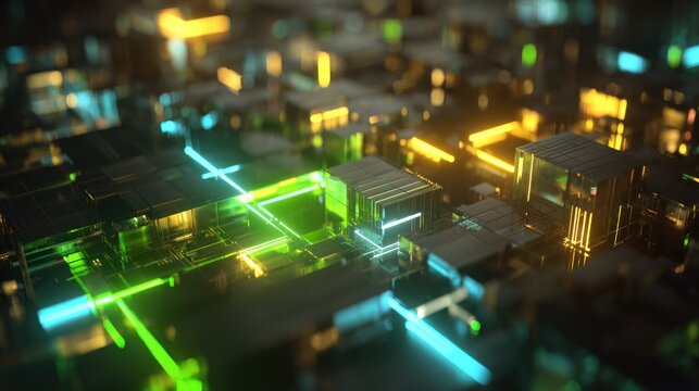Glowing electronic pathways illuminate a complex digital circuit board surface.