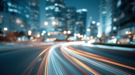 Fototapeta premium Blurred light trails from vehicles on a city street at night, creating a sense of motion and urban energy