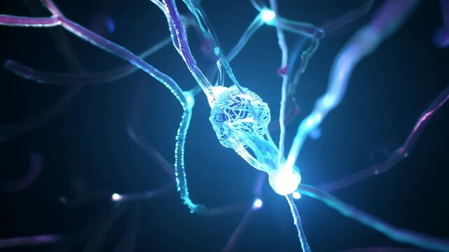 An animated 3D visualization of a neural network with glowing nodes and connections in a dark, futuristic background. 4k Video footage.