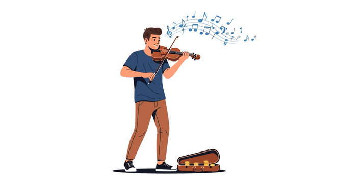 Young Man Playing Violin with Floating Musical Notes