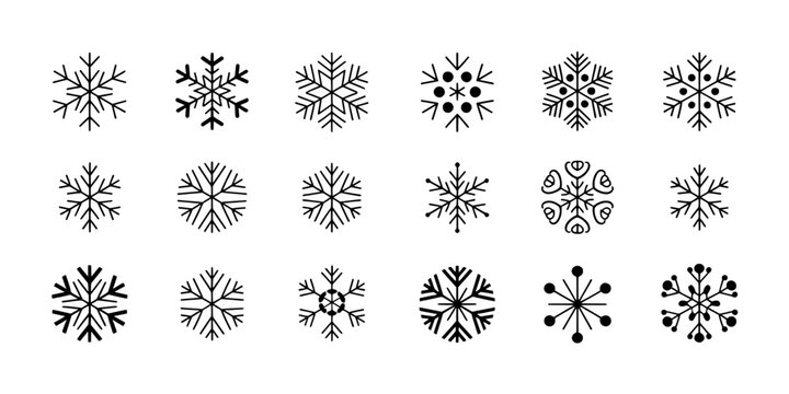 Snowflakes doodle icons set with thin black line art and simple winter patterns, isolated on white background