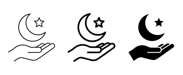 Obraz premium Islamic Crescent Moon and Star Icon Set, Hand Holding Celestial Symbol, Ramadan and Eid Vector Graphics, Religious and Cultural Symbols