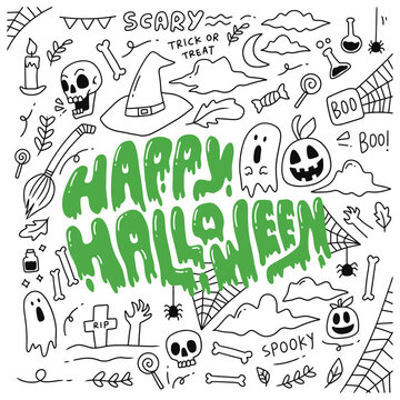 Green slime Happy Halloween text typography with hand drawn doodle elements vector illustration