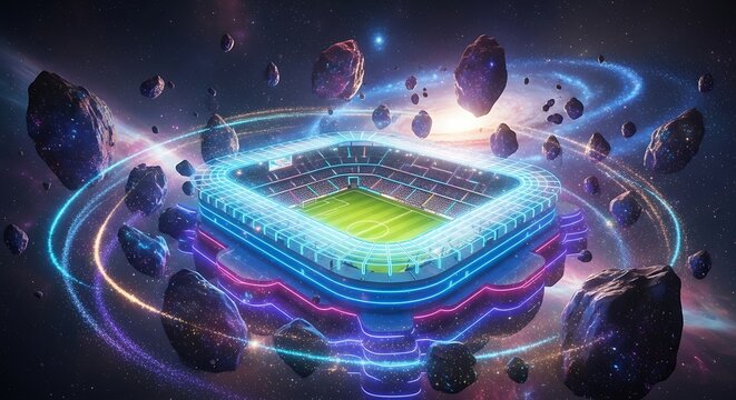 Futuristic soccer stadium floating in space surrounded by asteroids and swirling energy