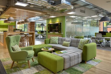 Fototapeta premium Modern green office lounge area with comfortable seating, collaborative space, and natural light