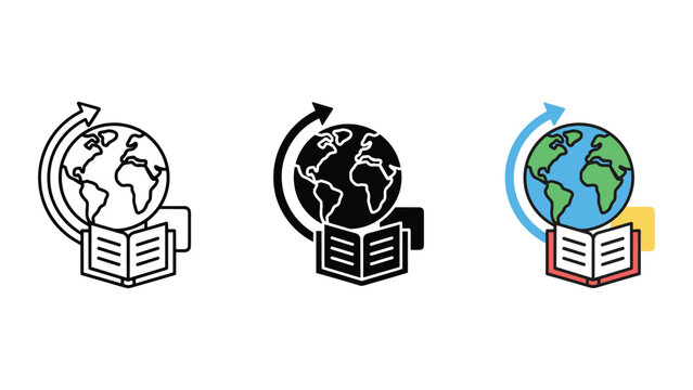 Global learning and knowledge exchange represented by book and orbiting earth icon