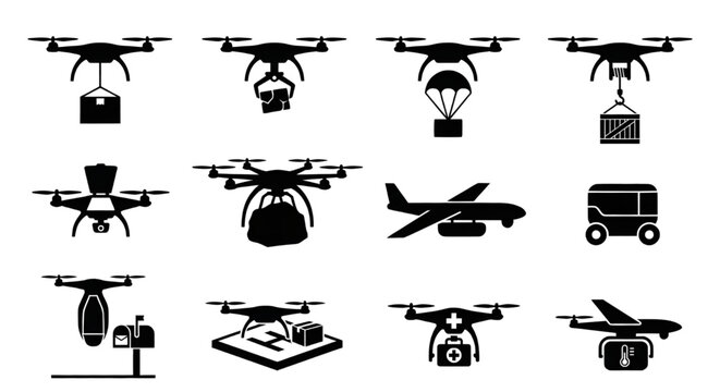 Delivery Drone Quadcopter Package Transport Black Silhouettes Icons of various quadcopter drones carrying boxes, dropping packages with parachutes, and performing automated delivery services