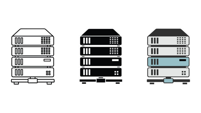 Server rack database icons in line solid and flat design styles for cloud computing and data center infrastructure concepts