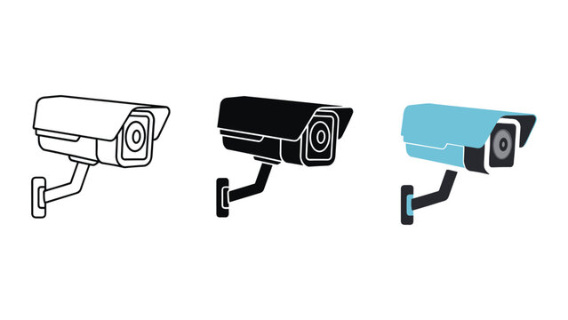 Security camera surveillance icons in line solid and flat design styles for monitoring and public safety technology concepts