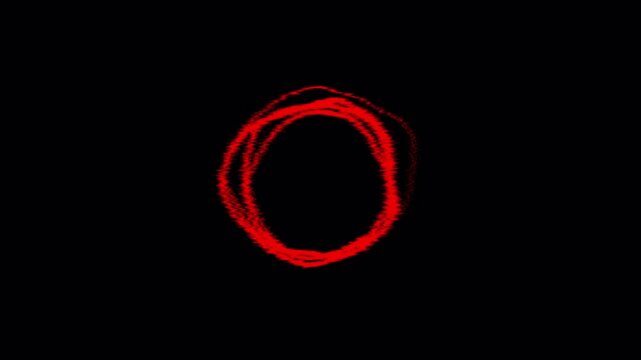 An animated sketchy red circle loop featuring a hand-drawn scribble aesthetic. This high frame-rate motion graphic includes an alpha transparent background, perfect for highlighting