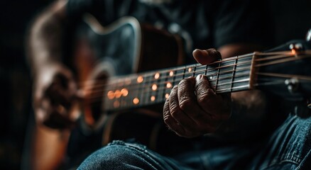Fototapeta premium Close up of hands playing acoustic guitar, focusing on fingers on frets and strings with warm lighting