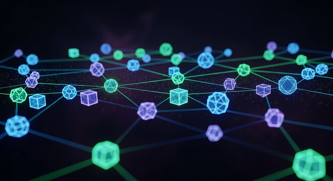 A futuristic network of glowing neon geometric shapes connected by lines on a dark background representing digital communication and data exchange