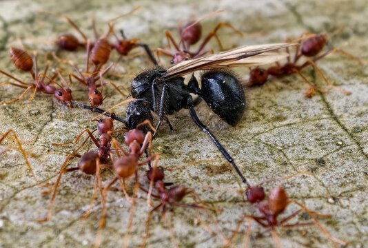 Macro close-up of a group of red weaver ants attacking a larger black winged ant queen on a textured stone surface.