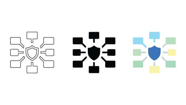 Information security mind map and central shield icon set in outline solid and colorful styles for data privacy network protection and centralized security management architecture diagrams for web