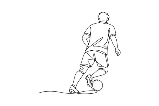 Single one line drawing back view of male football midfielder make move to control and dribbling ball.