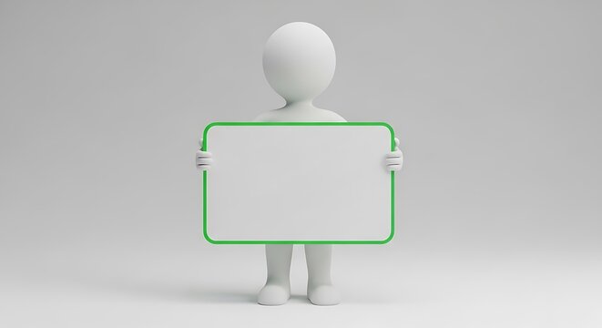 3D figure holding blank green signboard in minimalist studio setting with neutral mood