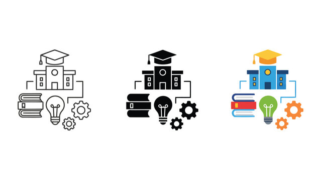 Academic building with graduation cap and books and gears representing institutional learning and educational progress in flat vector style for school and training development programs design