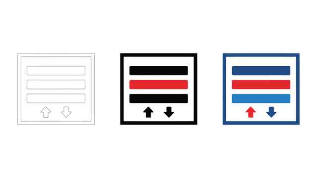 Information panel with horizontal bars and up down arrows representing data sorting and interface navigation elements in minimalist flat vector style for web and mobile application UI design sets