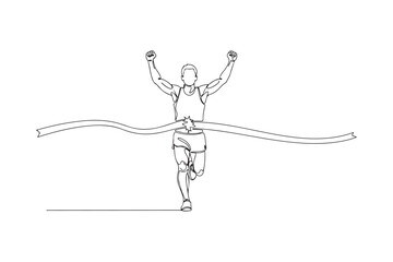 Fototapeta premium Single one line drawing male runner wins by crossing the finish line ribbon on race marathon competition.