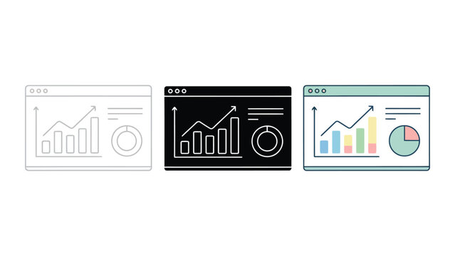Business analytics dashboard screen displaying financial charts bar graphs pie chart and trend line for data visualization and performance analysis