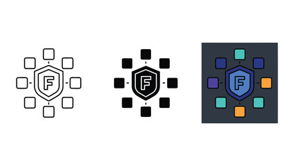Fototapeta premium Financial security shield icon set with interconnected blocks featuring line art solid black and colorful flat design styles for fintech and banking software interfaces