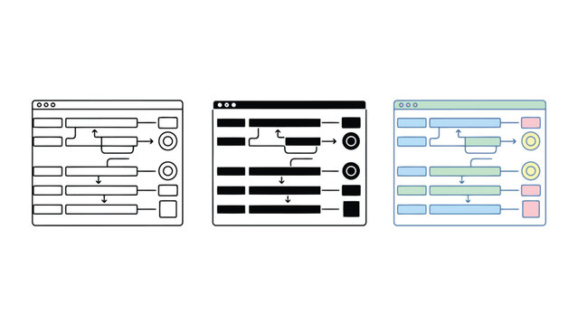 Workflow process diagram interface icon set featuring boxes and arrows in line art solid black and colorful flat design styles for software development and project management