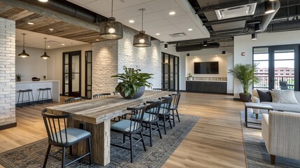 Fototapeta premium Modern Co-working Space with Rustic Dining Table, Comfortable Seating, and Urban Office Ambiance