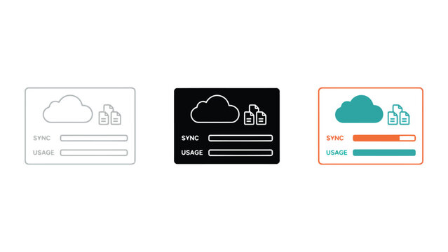 Cloud data sync and storage usage interface icons set featuring line art glyph and flat design styles for modern web development and software applications isolated on a clean white background