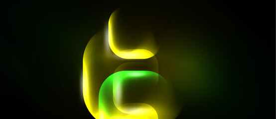 Naklejka premium Abstract glowing letterform. Green, yellow hues blend into dark background. Fluid shapes suggest dynamic energy, modern design.