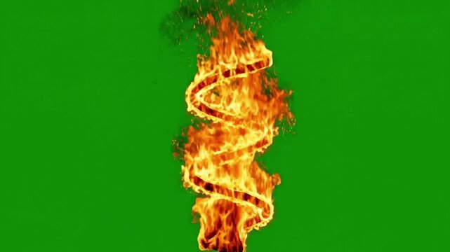 Intense spiraling fire flame with glowing orange heat and sparks rising against a bright green screen background for chroma key video compositing.