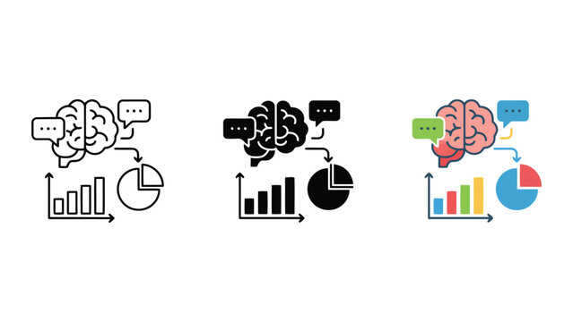 Brainstorming and cognitive data analysis icons set with brain and chat bubbles connected to charts and graphs in line art glyph and colorful flat styles for business intelligence and strategy