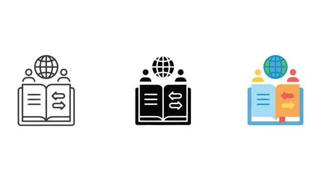 International group learning and knowledge exchange icons showing people with books and global spheres in diverse styles for academic collaborative research and worldwide education concepts