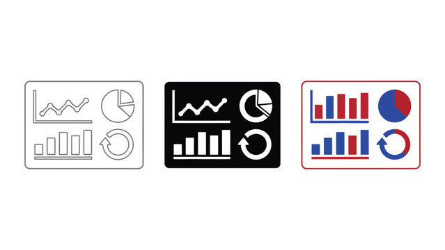 Business performance dashboard and financial reporting icons set with line graphs pie charts and update cycles in line art glyph and flat design styles for corporate data tracking and analytics