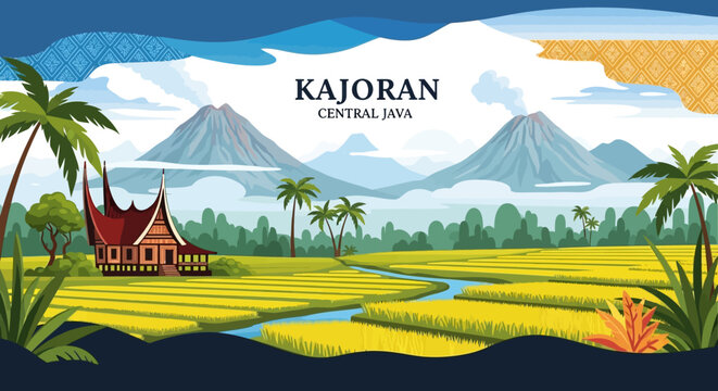 A serene landscape of rice fields and a traditional temple in Kajoran, Central Java, surrounded by palm trees and volcanic mountains.