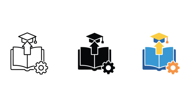 Graduation and educational development icon set featuring book gear and cap